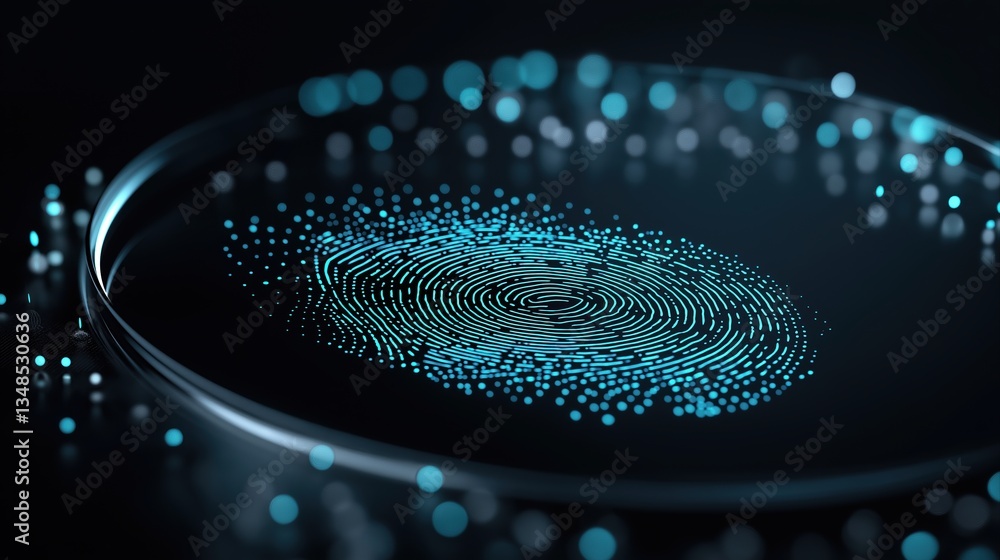 Poster digital fingerprint magnified on screen with blue dots and glowing background for cybersecurity conc