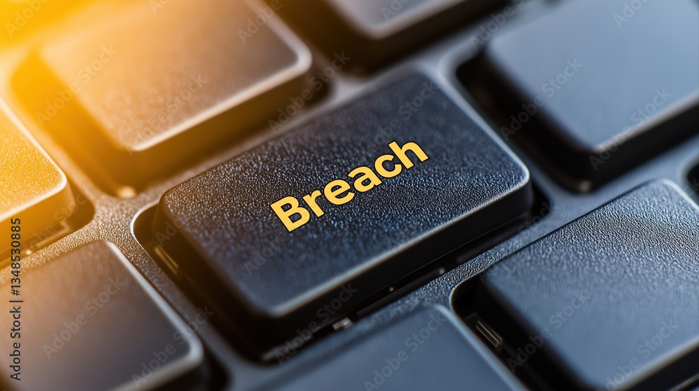 Poster close-up of a black keyboard key labeled breach pressed with soft lighting for cybersecurity concept
