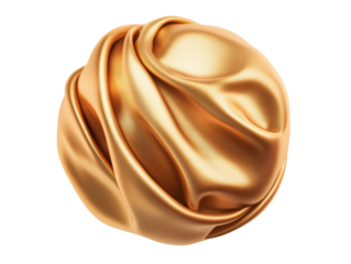 Golden fabric sphere with elegant drapes and folds on a transparent background, cut out