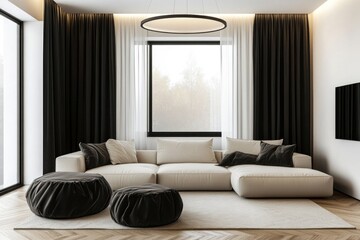 A modern living room showcases neutral colors with elegant design