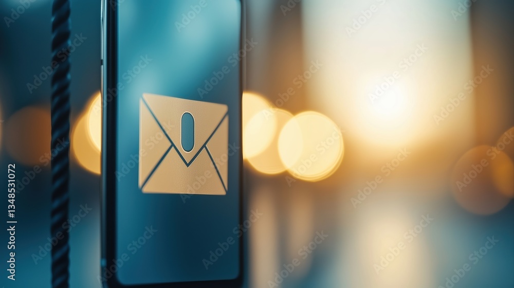 Poster mobile phone displaying email notification with soft focus background and warm light effects