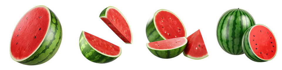 A vibrant display of watermelon slices, showcasing its juicy red flesh and dark seeds, along with whole and halved fruits.