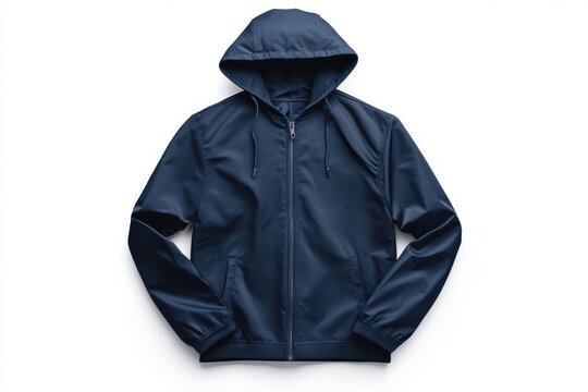 Classic navy blue windbreaker jacket with hood, full-zip closure, and drawstrings on white background