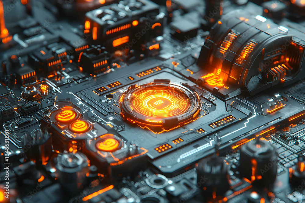Aufkleber futuristic glowing orange circuitry on a dark motherboard. ideal for technology backgrounds websites
