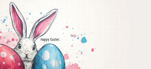 Happy Easter banner template featuring hand-drawn eggs and bunny ears on a white background.