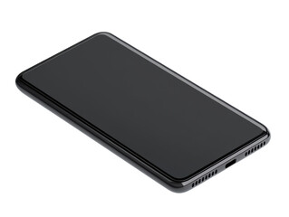 Black smartphone flat on a surface, no screen activity on a transparent background, cut out