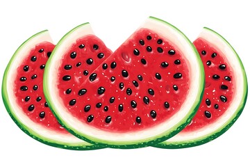 Three sliced watermelons with red flesh and dark seeds presented graphically