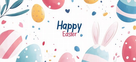 Happy Easter banner template featuring hand-drawn eggs and bunny ears on a white background.