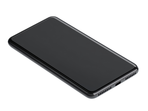 Black smartphone flat on a surface, no screen activity on a transparent background, cut out