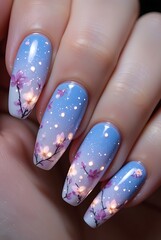 Twilight Blue Nails with Glowing Firefly and Cherry Blossoms.