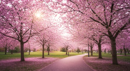 Naklejka premium Serene Cherry Blossom Pathway in Bloom During Springtime Afternoon Light