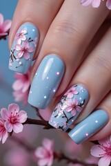 Detailed Nails with Firefly and Cherry Blossom Spring Design.