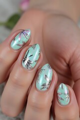 Iridescent Mint Nails with Shimmering Silver Dragonflies.