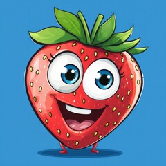 Fototapeta premium Cartoon strawberry with happy expression on blue background