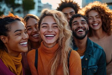 Multiracial Group of Young Friends Laughing Outdoors with Arabian Girl at Center