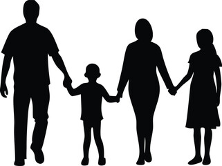 Silhouette Family Parents and Children Holding Hands, Walking Together on White Background