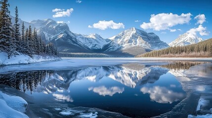 A frozen lake reflecting snow-capped mountains and a blue sky, the lake surface like a mirror, surrounded by snow-covered trees and mountains