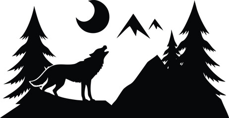Obraz premium Silhouette Howling Wolf with Trees, Mountains and Crescent Moon Landscape