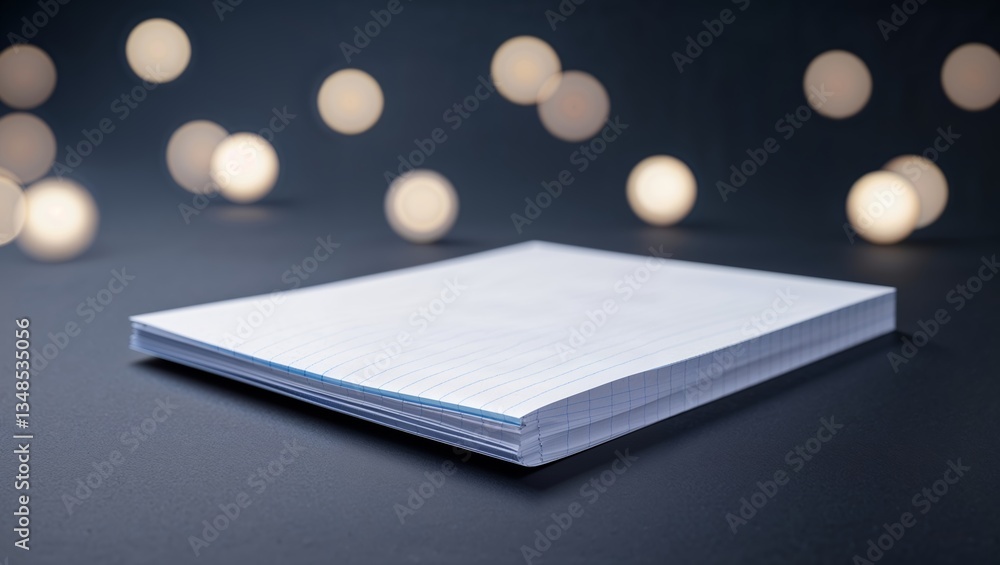 Poster blank notebook on a dark surface with soft glowing lights in the background creating a serene and in
