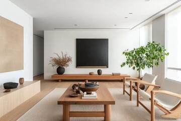 Fototapeta premium A minimalist living room with wooden furniture and artworks