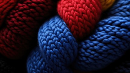 Close-up of vibrant, interwoven knitwear in bold colors