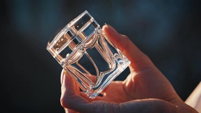 A delicate perfume bottle sparkles in golden sunlight as a hand gently sprays fragrance, evoking luxury, elegance, and sensory indulgence.