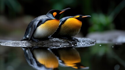Two penguins resting on a rock, reflected in a pool of water