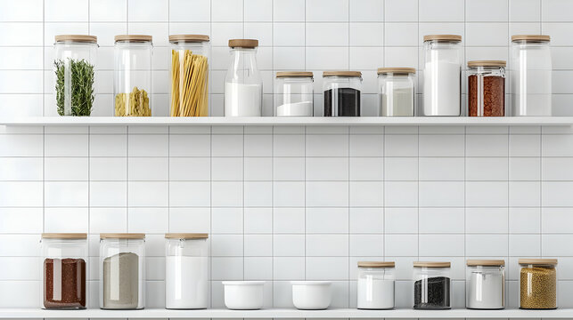 Organized Kitchen Storage With Glass Jars And Wooden Lids On White Shelves