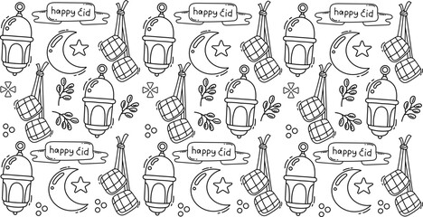 Eid Mubarak Doodle Pattern, Islamic Festive Seamless Background, Ramadan Eid Celebration Vector