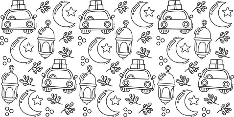 Eid Mubarak Doodle Pattern, Islamic Festive Seamless Background, Ramadan Eid Celebration Vector