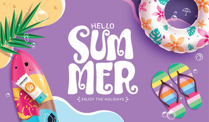 Hello summer background clipart banner design. Summer greeting text in purple abstract background with floaters, surfboard and flipflop
