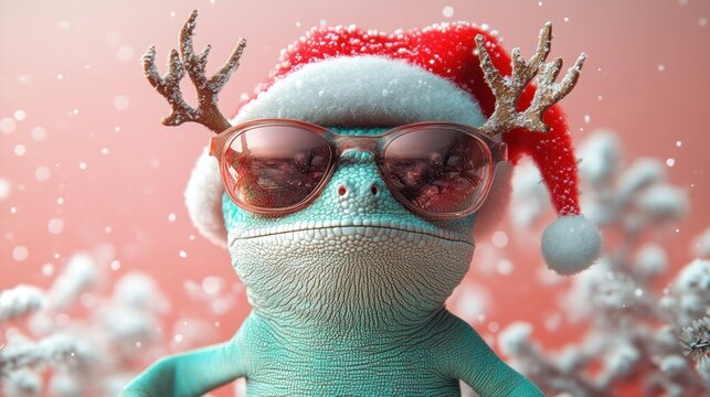 Funny Chameleon in Santa Hat and Sunglasses on Pink Background for Christmas Greeting Card