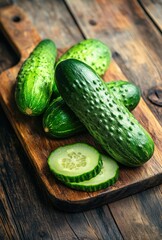 Fresh green cucumbers arranged on a wooden cutting board with sliced cucumber rounds, showcasing vibrant colors and natural texture for healthy food imagery