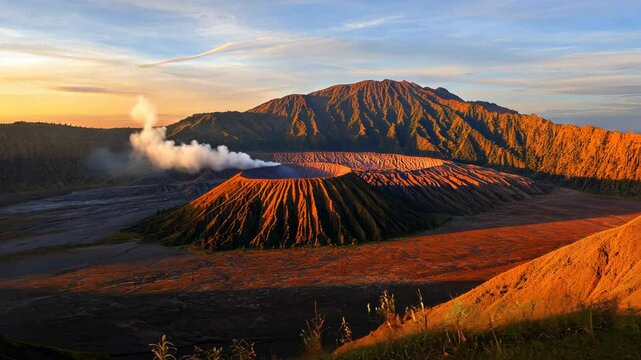Luminous sunset illuminates active volcano in Bromo Tengger Semeru National Park, Java, Indonesia