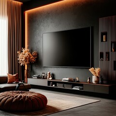 Frame mockup Stylish modern living room with sleek black decor, large TV, cozy seating, and ambient lighting.