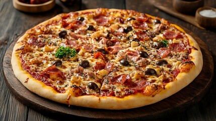 Delicious Italian Pizza with Salami and Olives on Wooden Plate