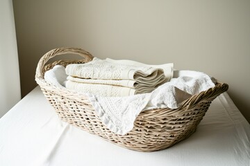 Neatly Folded Towels in Wicker Basket with Soft Natural Lighting