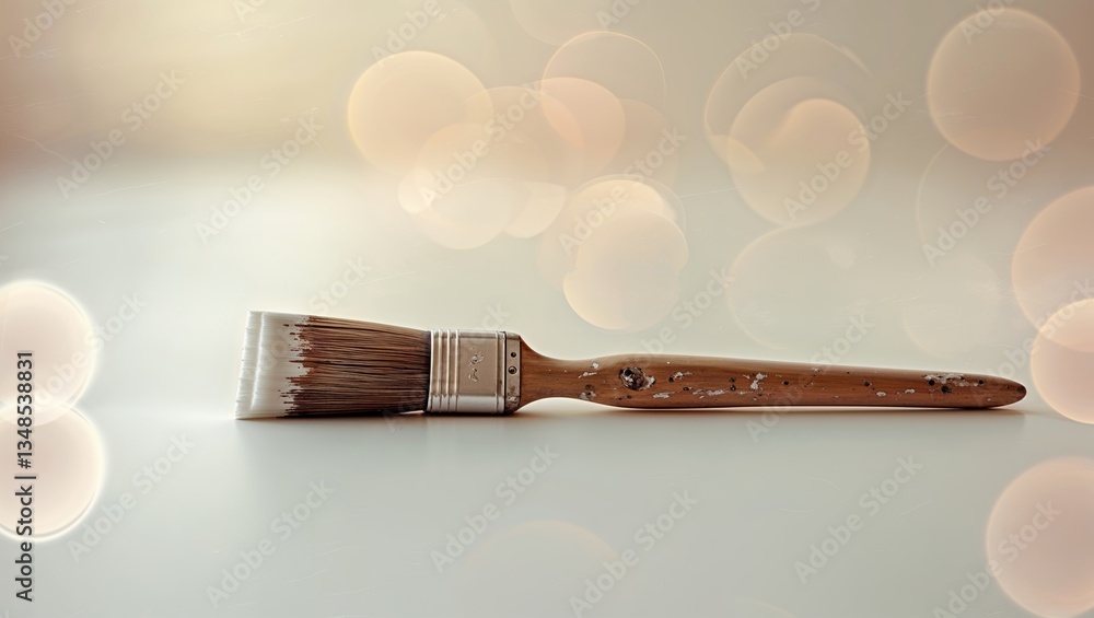 Poster brush rests on a flat surface with a soft bokeh background showcasing artistic creativity and crafts