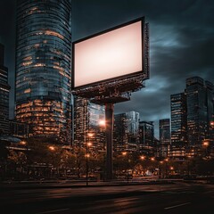 Frame mockup A striking urban scene showing a blank billboard amidst tall city skyscrapers at dusk.
