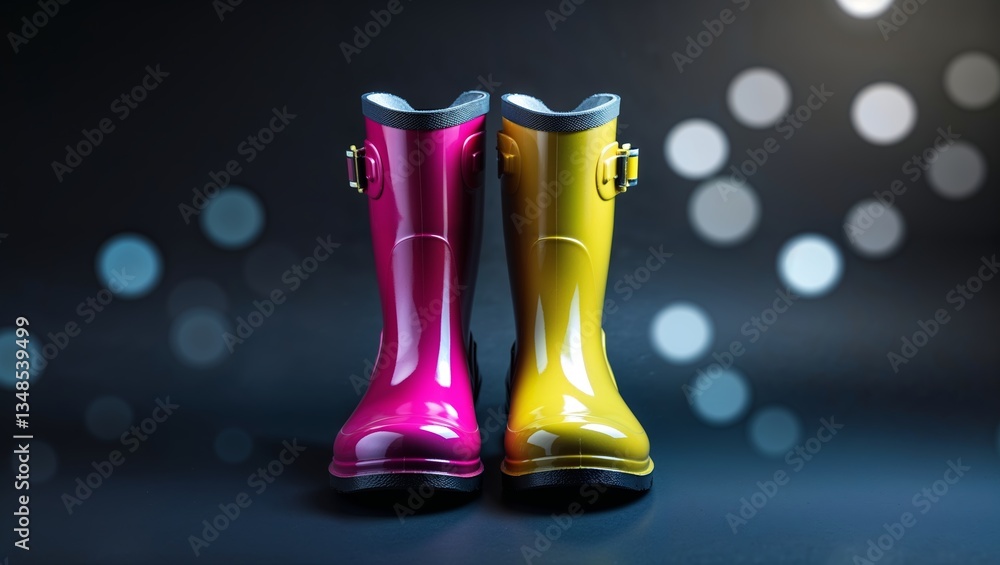 Poster brightly colored rubber boots display in a stylish arrangement against a bokeh background during a m