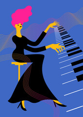 The pianist woman is playing, vector illustration, music festival poster design, concert flyer