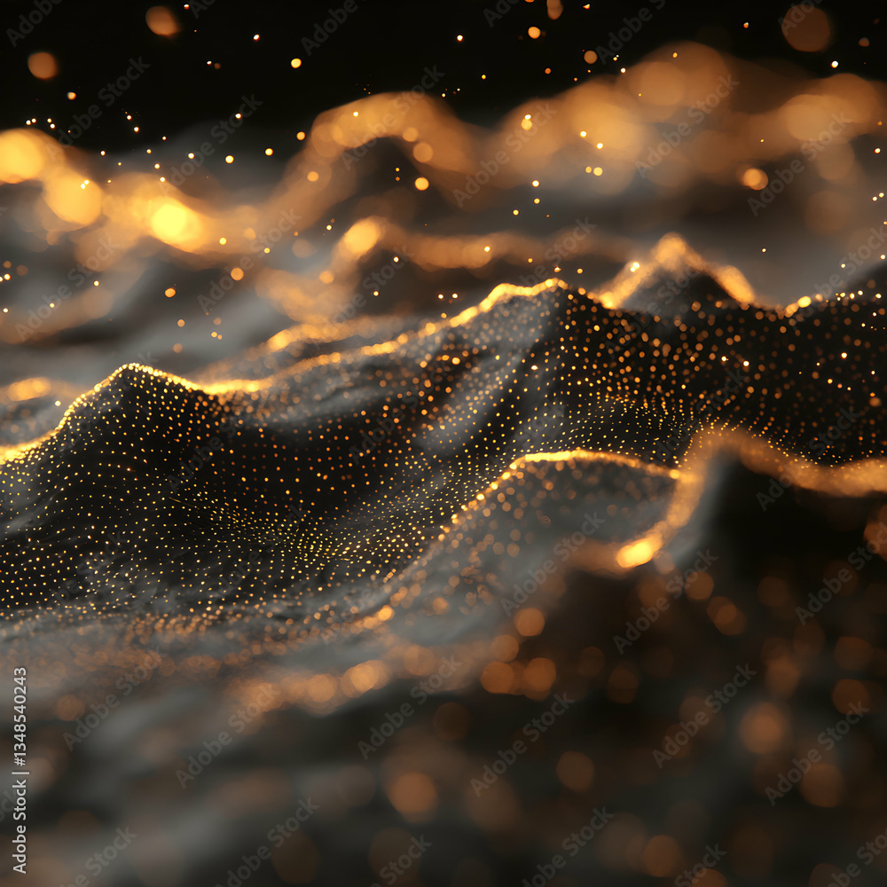 Poster a vibrant gradient wave of particles flows across a dark background. ideal for abstract digital art,