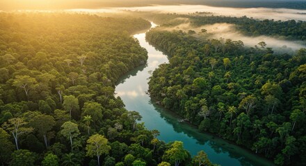 Serene river meandering through dense rainforest