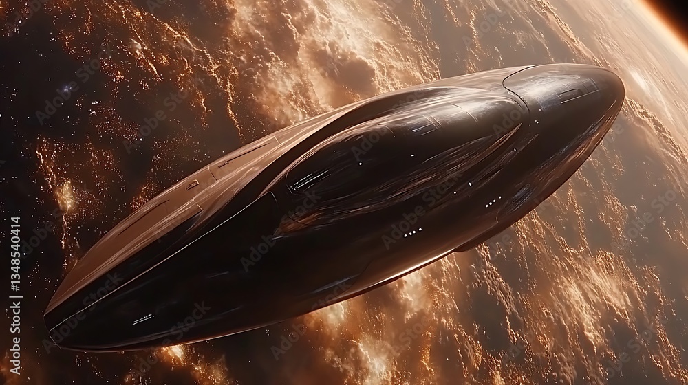 Poster a sleek spacecraft appears to be in orbit above an alien planet