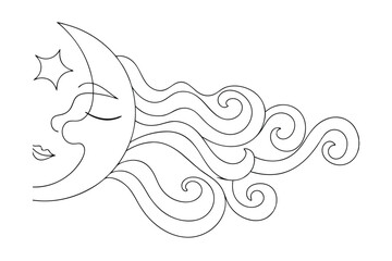 Crescent Moon Woman Celestial Art, Hair Swirls, Starry Night