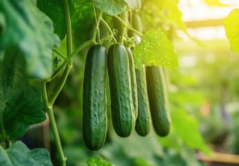 Fresh Green Cucumbers Hanging on the Plant in a Lush Garden Surrounded by Green Leaves Under Sunlight in a Greenhouse Environment