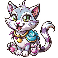 adorable cartoon cat with big eyes and a playful expression. The cat is white and gray, with touches of pink on its paws and ears