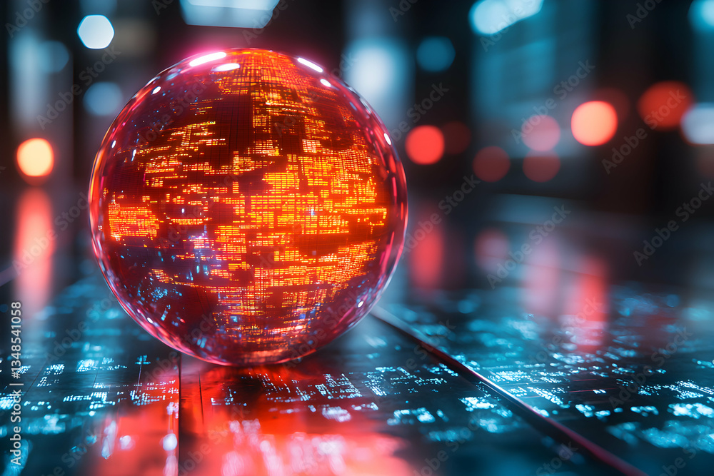 Poster a glass sphere with glowing interconnected nodes rests on a rippling surface. ideal for visualizing 
