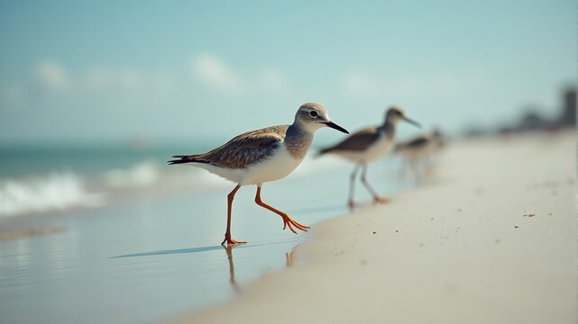 Shorebirds walking along the beach - Powered by Adobe