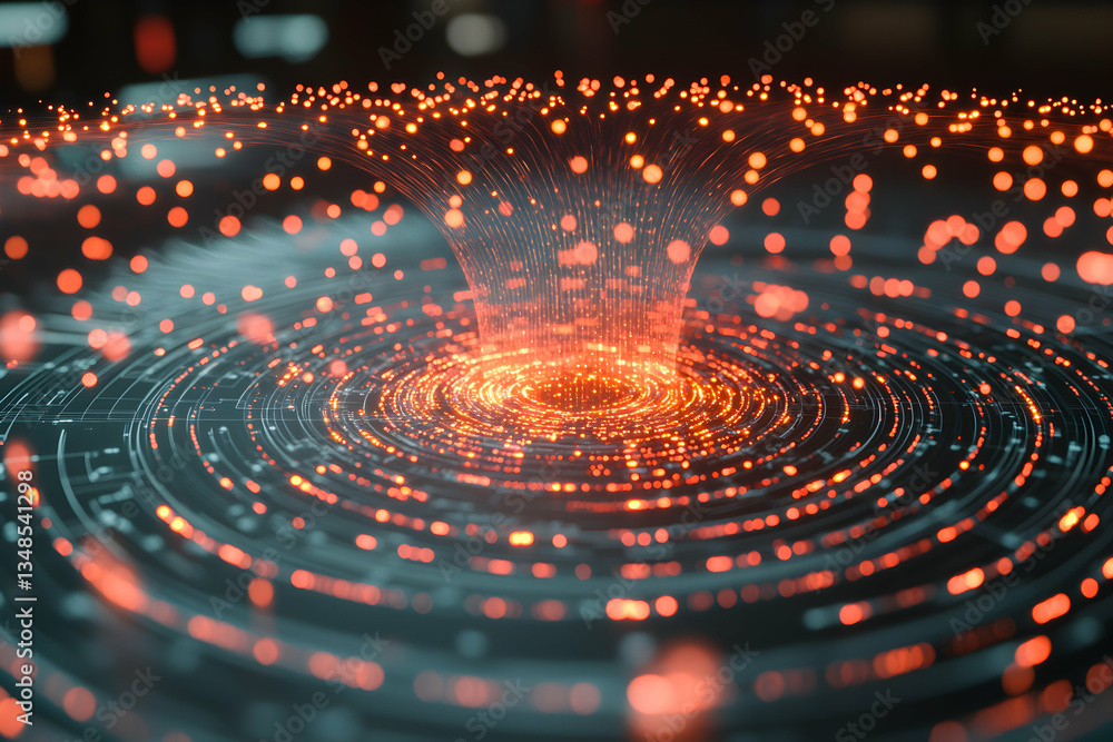 Poster a glowing orb of data floats in a futuristic tunnel. orange light streaks across a dark reflective f